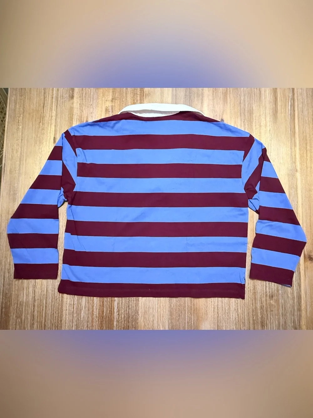J. Crew Women’s Light Blue and Burgundy Striped Rugby Polo with White Collar
